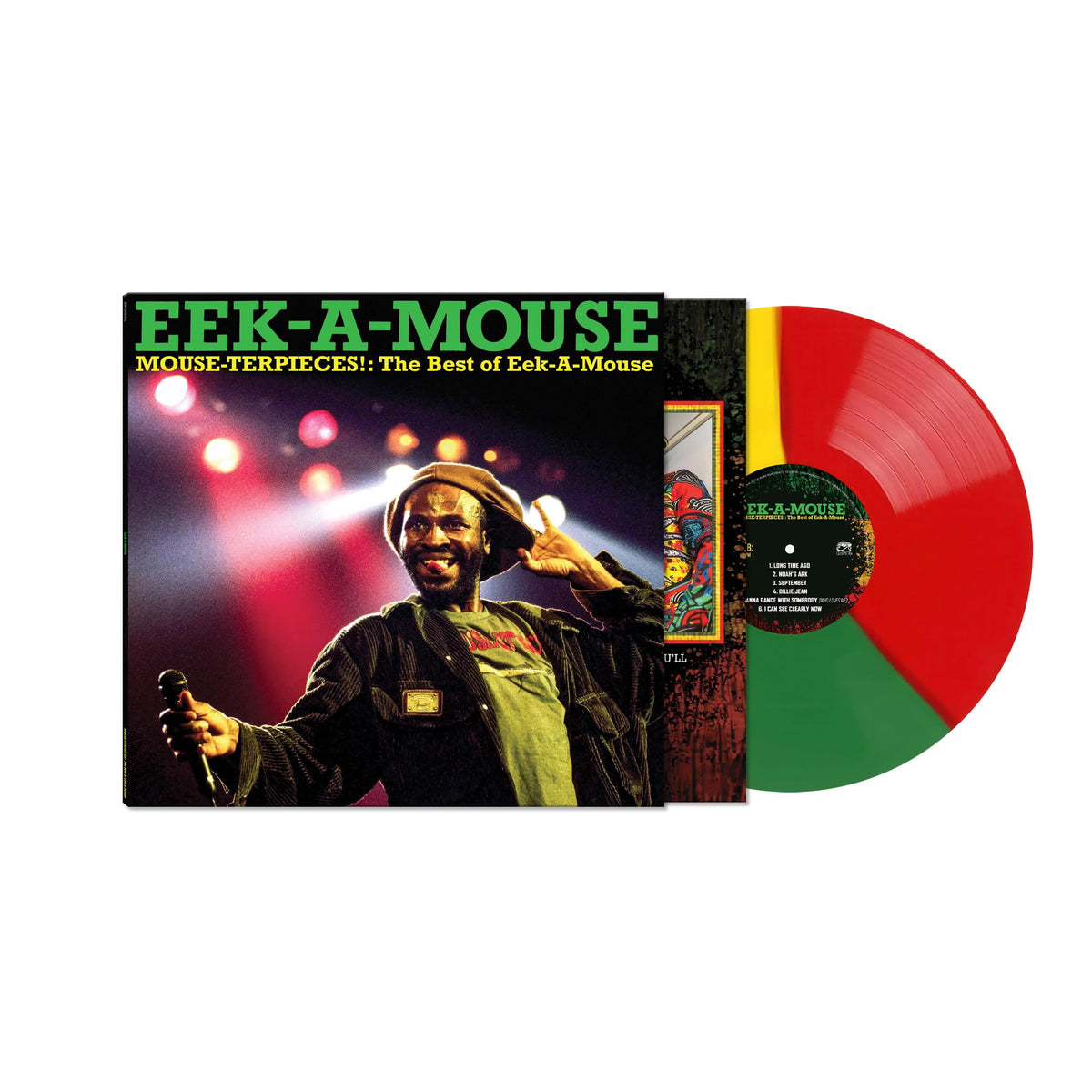 Eek-A-Mouse – Mouse-Terpieces: The Best Of Eek-A-Mouse (Ltd Ed Red/Green/Yellow Split Vinyl) (LP) by Eek-A-Mouse vinyl record cover