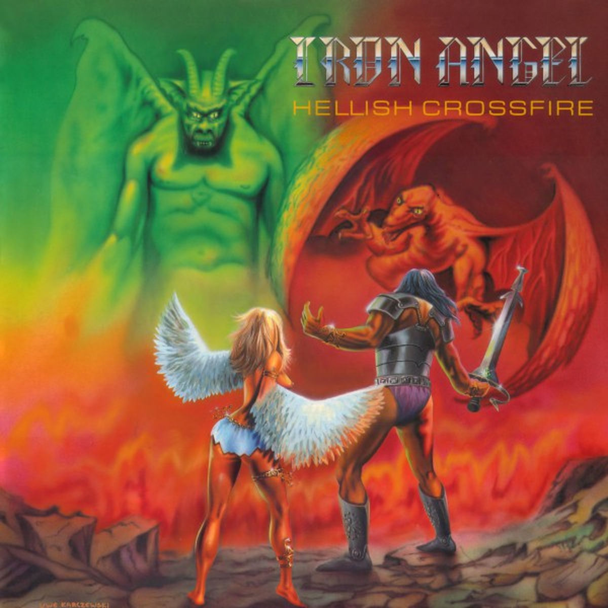 Iron Angel – Hellish Crossfire (FIRE SPLATTER VINYL) vinyl record cover