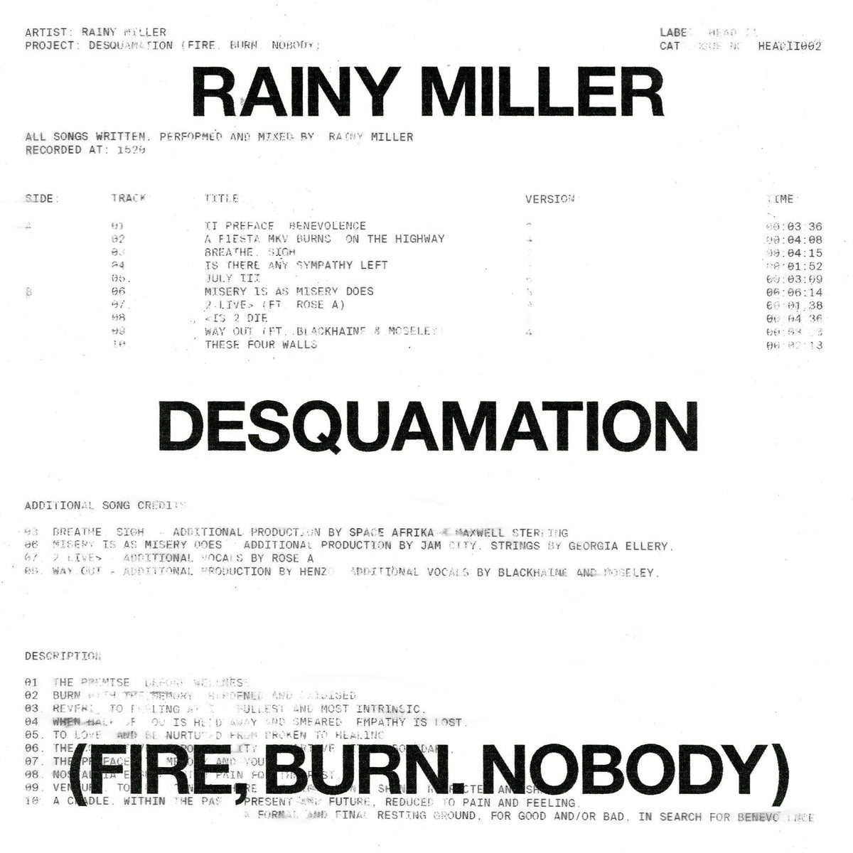 Rainy Miller – Desquamation (Fire Burn Nobody) vinyl record cover