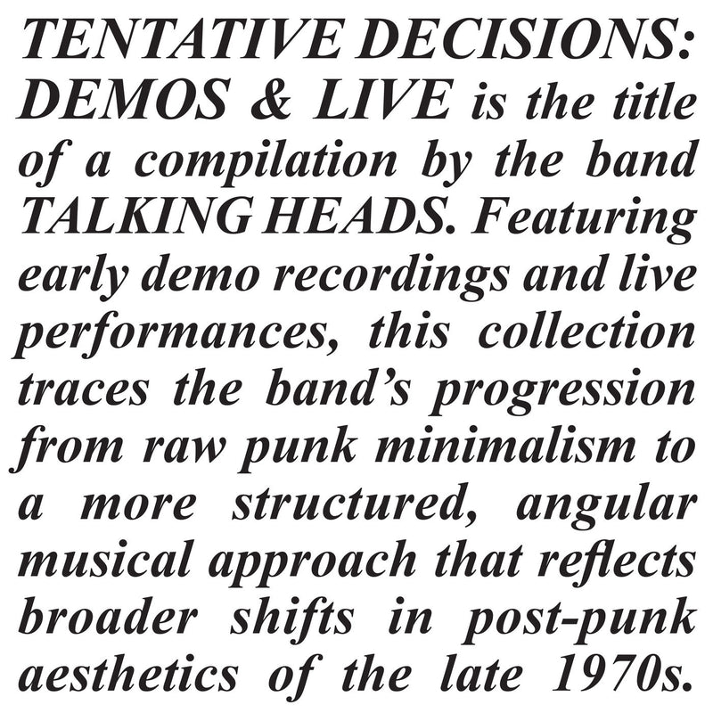 Talking Heads – Tentative Decisions: Demos & Live vinyl record cover
