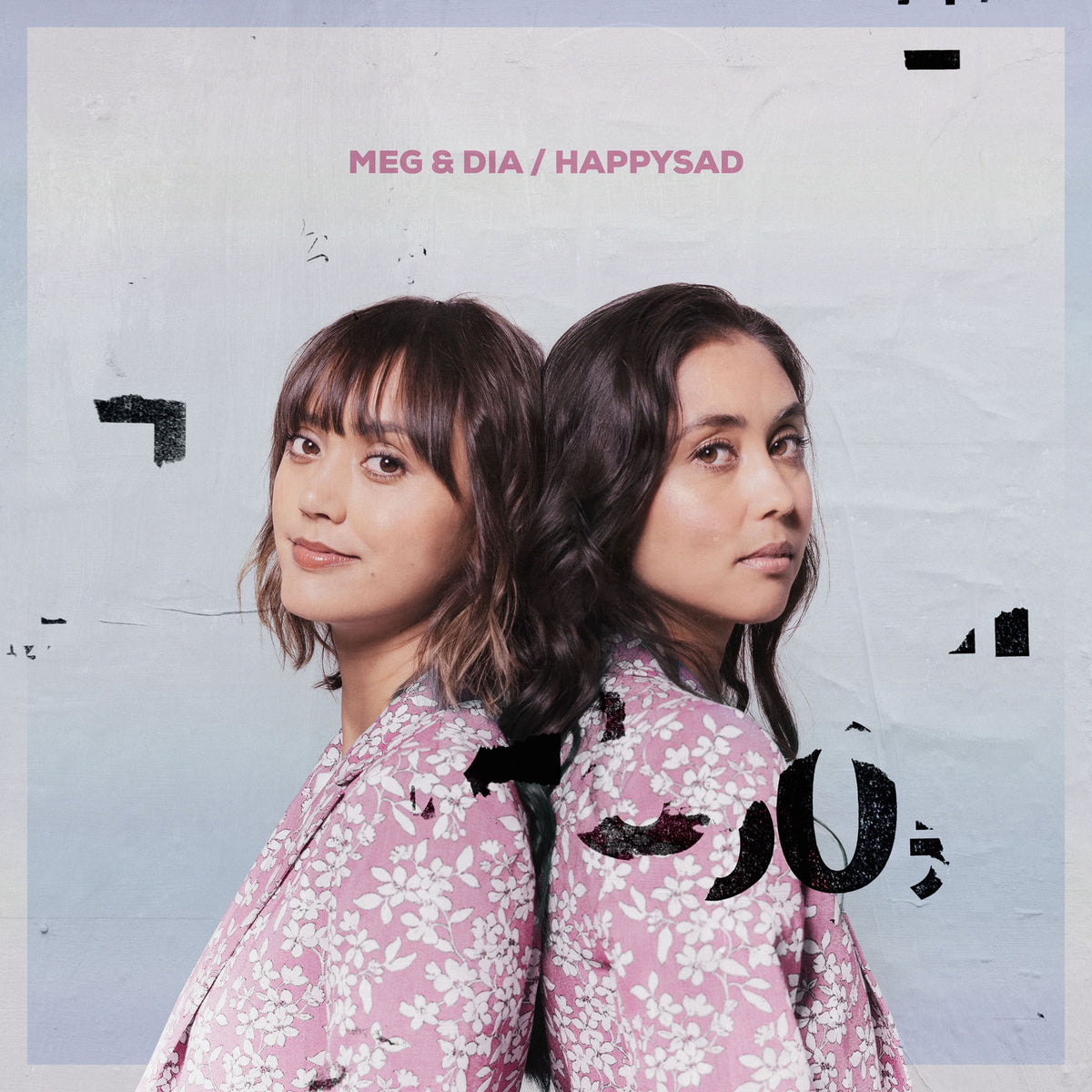 Meg & Dia – Happysad (Clear With Baby Pink & Baby Blue Splatter Vinyl) vinyl record cover