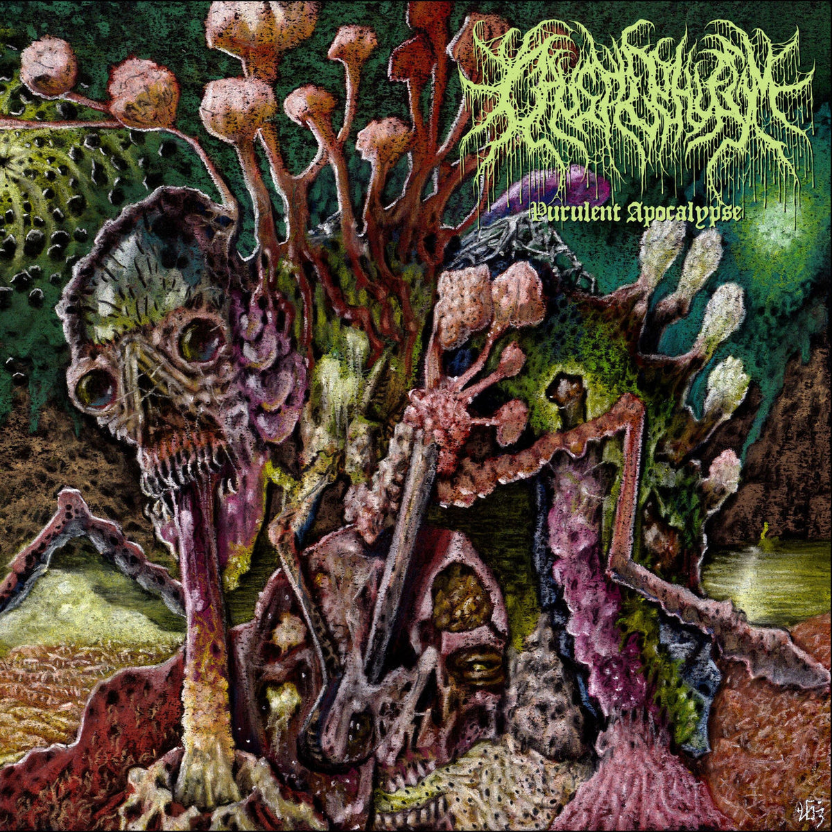 Caustic Phlegm – Purulent Apocalypse (NEON GREEN / CANARY YELLOW / NEON MAGENTA / BLACK SPLATTER) vinyl record cover