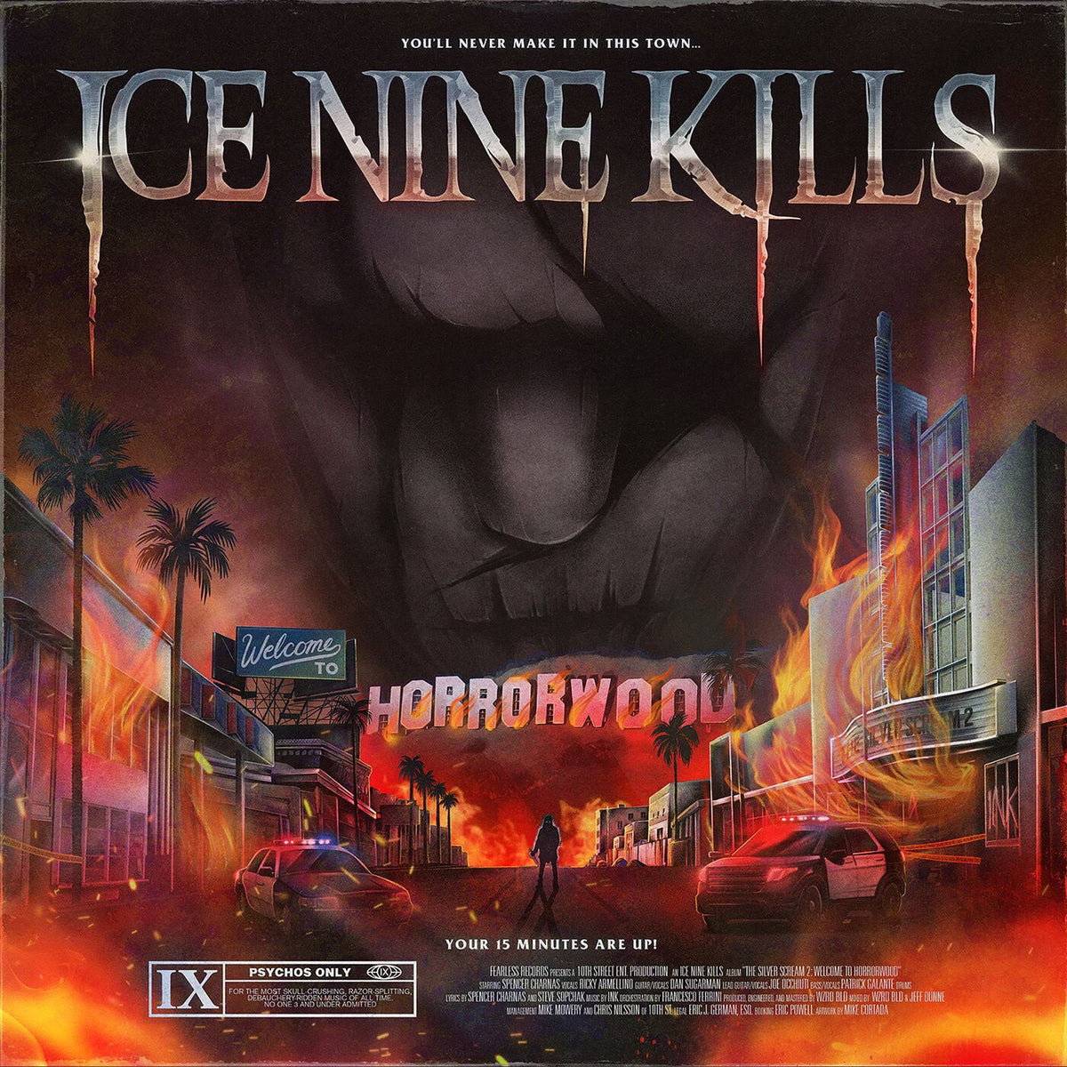 Ice Nine Kills – Welcome To Horrorwood: Under Fire (Red/White/Blue Swirl Vinyl) vinyl record cover
