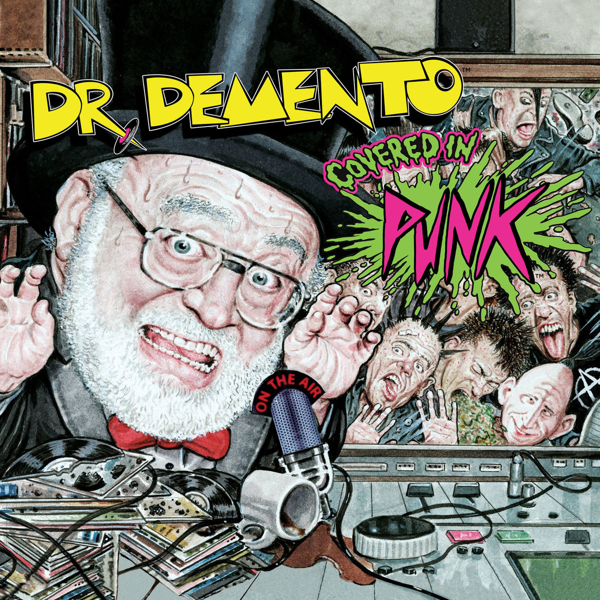 Various Artists – Dr. Demento Covered In Punk [3LP] (NEON PINK WITH GREEN SPLATTER VINYL, INDIE-RETAIL EXCLUSIVE) vinyl record cover